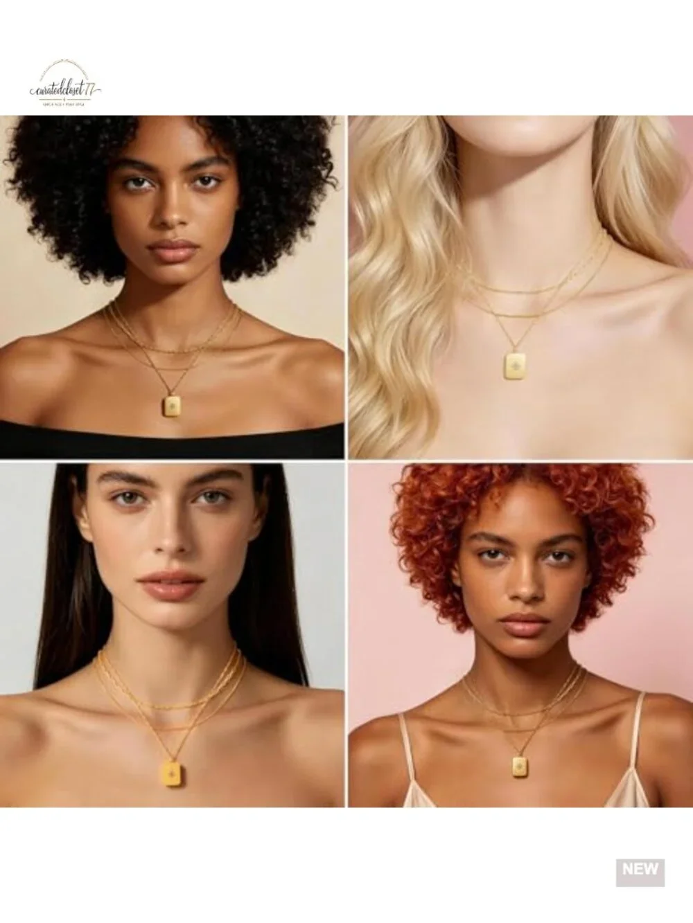 14K Gold Plated Layered Heart Square Pendant Necklace 3-in-1